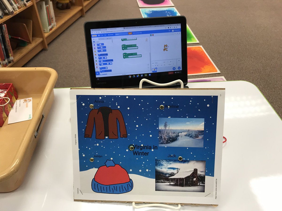 ewilliams65's tweet image. 1st grade Ss coded using @Scratch &amp;amp; @MakeyMakey to create interactive displays to teach K Ss about winter effects during my visit to Frances Hazel Reid ES #frhes20 #LCPSCodes