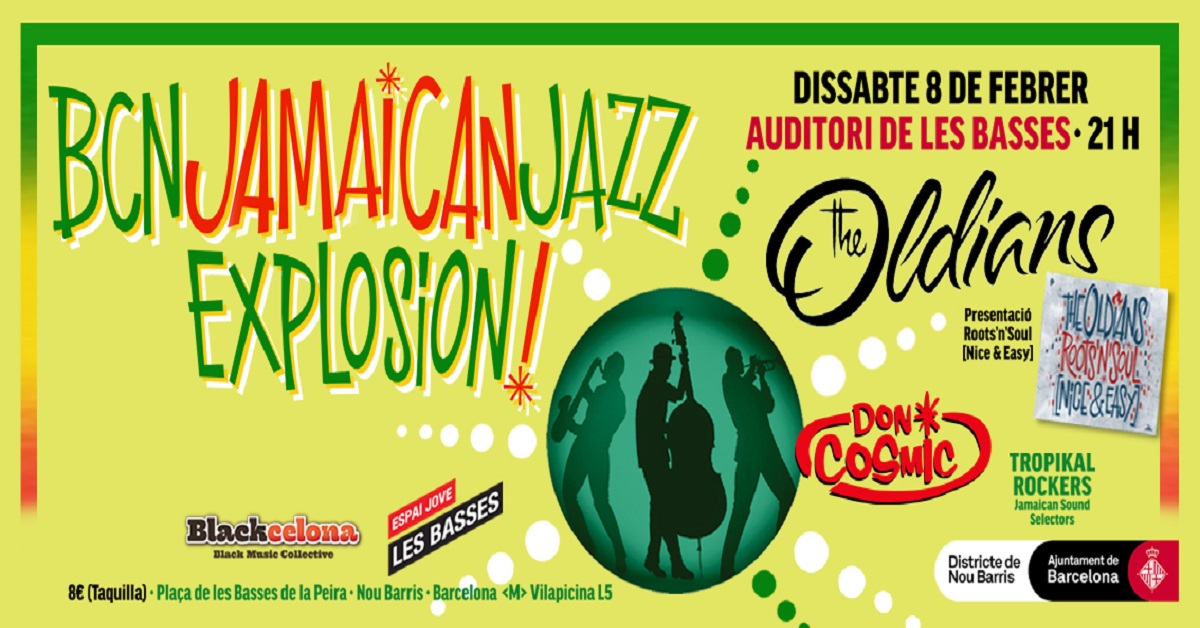 Bcn_NouBarris's tweet photo. Una invasió de ritmes jamaicans arriba dissabte a les 21 h a l'Espai Jove #LesBasses. És la BCN Jamaican #Jazz Explosion!
Hi actuaran les bandes #TheOldians i #DonCosmic, i els dj's #TropikalRockers. Entrada: 8 €. Organitza: @Blackcelona
#NouBarris #TuróDeLaPeira @DonCsmic1 https://t.co/VF4RhbaDFU