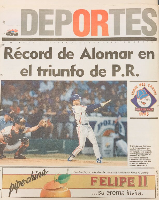 Palco_21's tweet photo. Febrero 7 1995 “Récord de Alomar en el triunfo de PR” 7 HITS SEGUIDOS,record para Series del Caribe @ Estadio Hiram Bithorn (Periodico El Nuevo Dia San Juan PR Foto x Jose Rodrigüez) @Robbiealomar #1995DreamTeamPR🇵🇷@SenadoresLBPRC #SanJuanSenadores ⬇️ https://t.co/QLToyUtbcs