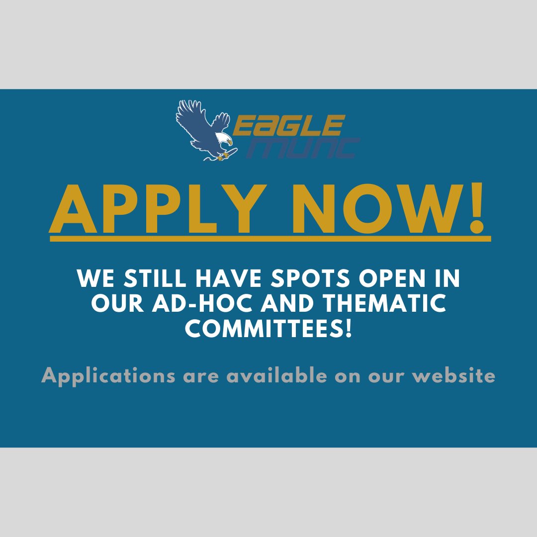 EagleMUNC's tweet photo. We still have spots open in our Ad-Hoc and Thematic Committees! Apply today and secure your spot!

#eaglemunc #mun #modelunitednations #education #apply #now #thematic #inventors #league #adhoc https://t.co/wnPmzoDgmi