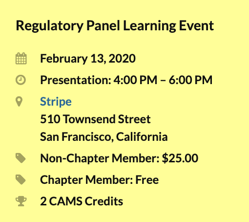 Please join us for our first learning event of the year! <a href="/ACAMSNorthernCA/">ACAMS Northern CA</a> kicks off the year with a Regulatory Panel on Thursday, February 13, 2020 - 

lnkd.in/gSAgCfN #aml #compliance #sanfrancisco