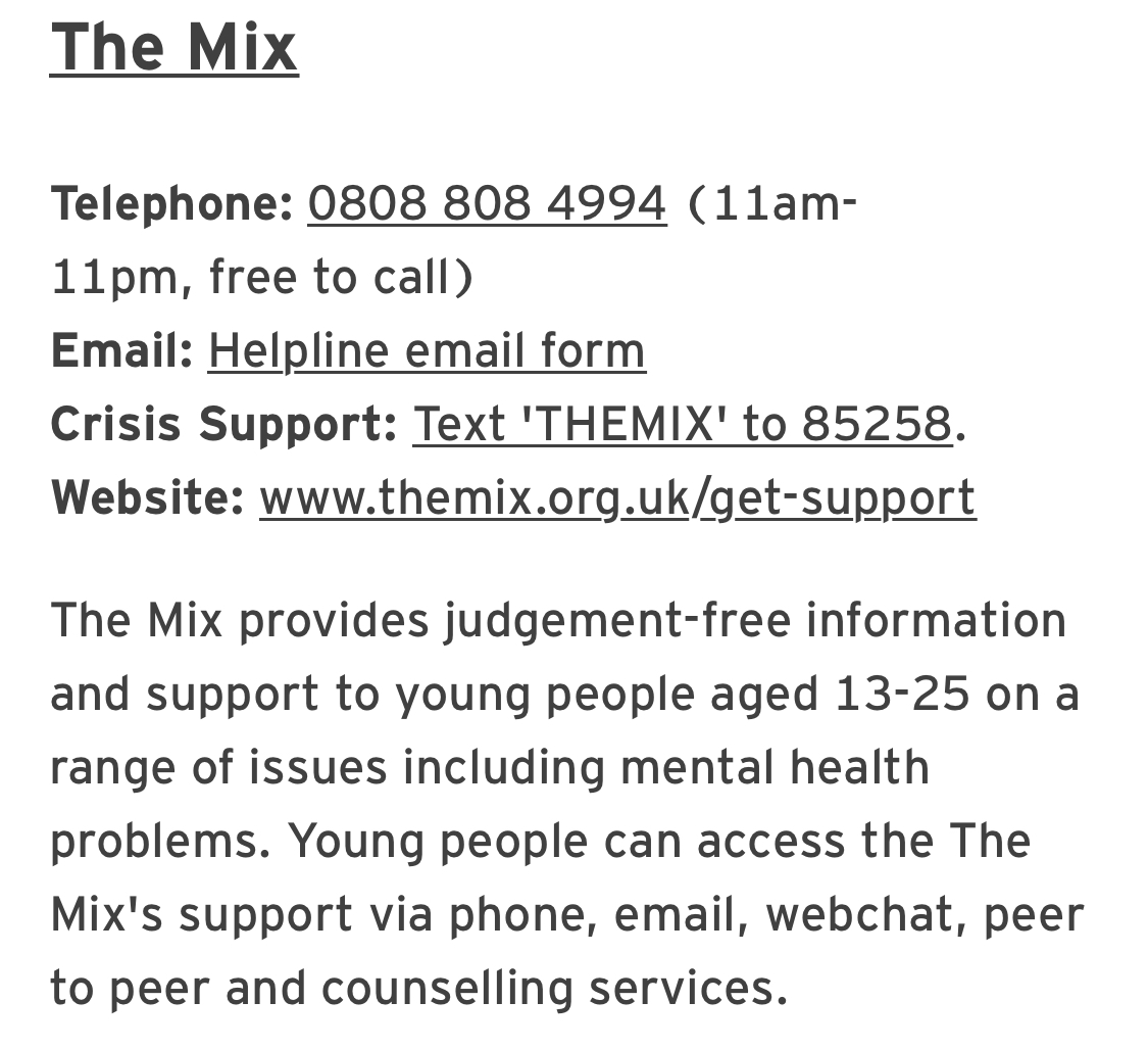 FUSIONspaces's tweet image. We are sharing some resources for #TimeToTalk Day, these are the details for The Mix.