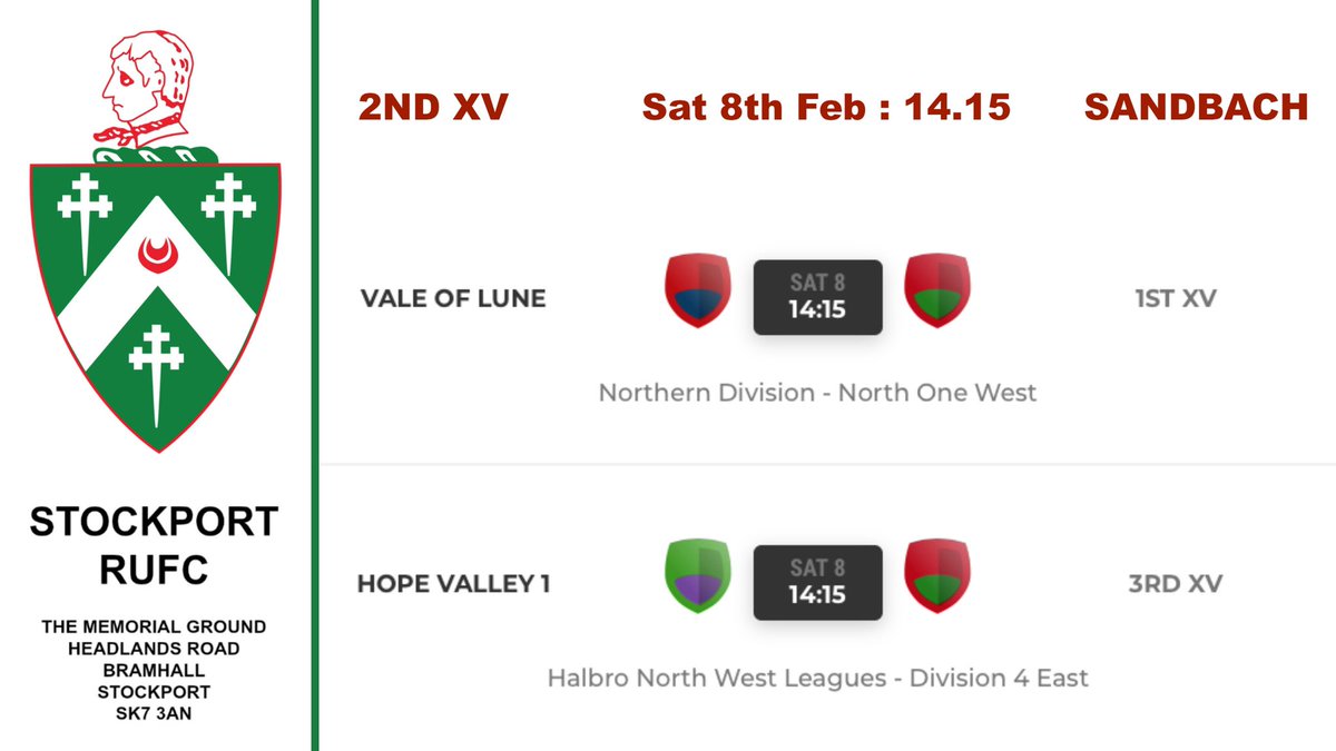 Stockportrugby's tweet photo. 📍 WHAT’S ON | SAT 8 FEB 📍
-
⏰ CLUBHOUSE: 12.30pm 
🏉 1st XV | AWAY v @ValeofLuneRUFC 
🏉 2nd XV | HOME v @SandbachRUFC KO 2.15
🏉 3rd XV | AWAY v @HopeValleyRFC 
🇮🇹 BIG SCREEN 🏴󠁧󠁢󠁷󠁬󠁳󠁿
🏴󠁧󠁢󠁳󠁣󠁴󠁿 BIG SCREEN 🏴󠁧󠁢󠁥󠁮󠁧󠁿
-
#StockportRugby JOIN US https://t.co/C3wt7KSemO