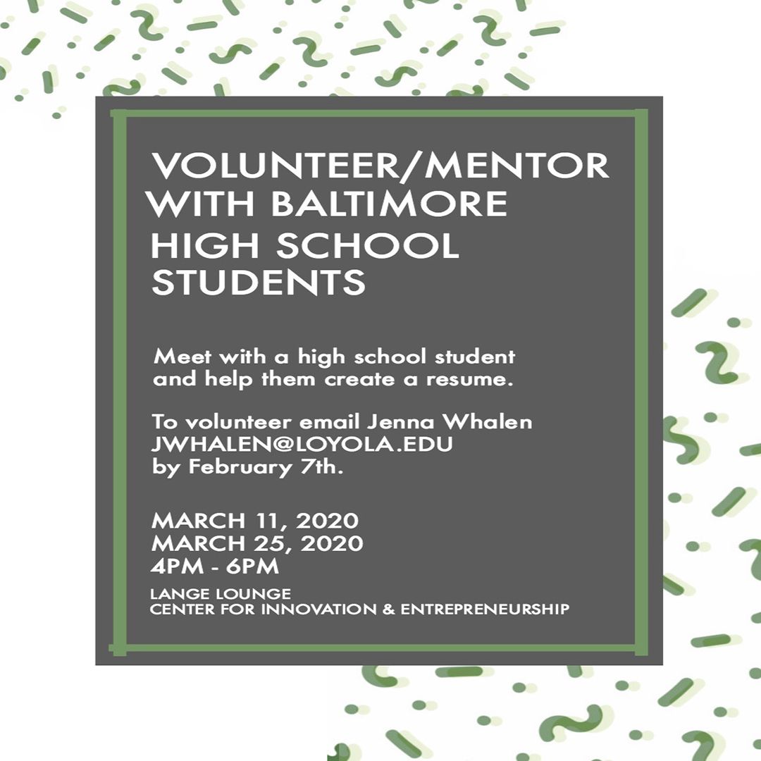 LoyolaInnovates's tweet photo. Show community support! #bmoreKind Connect w/ Baltimore! #BeUnbound Mentor Baltimore Students. Mar 11 + 25, 4 - 6p - Lange Lounge. Contact jwhalen@loyola.edu. Don't hesitate, educate + innovate!
@loyolamaryland2020 @LoyolaMD2022 @loyolamd2121 @loyolamd2023 @LoyolaCCSJ https://t.co/cOGiXkRT2c