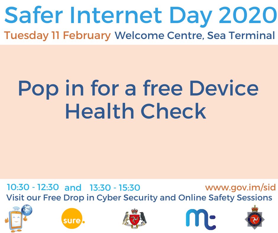 IOMGovernment's tweet photo. Join us at the Welcome Centre on Tuesday 11 February -Safer Internet Day - for free drop in sessions about cyber security. For more information visit https://t.co/5irUpulzqE @WelcomeCentreIM @manxtelecom @SureIOM @safeinternetday #IsleofMan #Manx #IOM https://t.co/lyV3h2x6hZ