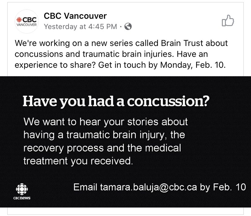 concussedCPA's tweet photo. Have you had a #concussion? Live in and around Vancouver. Reach out to @CBCVancouver by emailing tamara.baluja@cbc.ca #yvr https://t.co/3CiU76CAC7