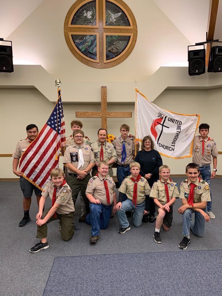 MontanaCouncil's tweet image. Shout out to #BSA Troop 77, Billings  for their involvement in a #ScoutSunday service at Hope United Methodist Church. They served as Acolytes, Liturgist, Offering helpers, Communion helpers, had a flag-retirement ceremony &amp;amp; made cobbler in the snow for breakfast! #montanacouncil