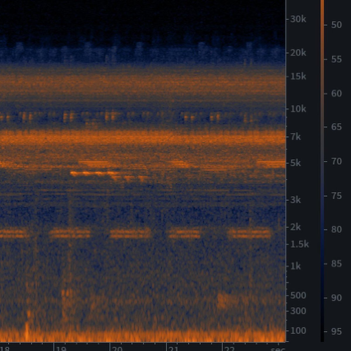This image is a spectrogram analysis of a day in the Amazon Rainforest, southern Peru. You can visualize all the different species and see how they carve out their own little space in time and frequency bands. Like radio bands of the forest. @iZotopeInc