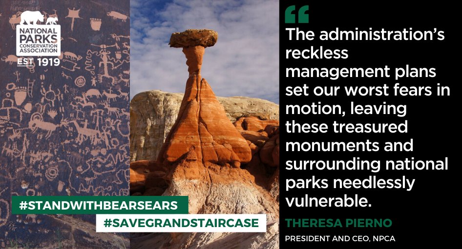NPCA's tweet photo. BREAKING: Trump administration announces final management plans for Bears Ears and Grand Staircase-Escalante, ignoring tribes, courts &amp; the public and jeopardizing everything the monuments were created to protect. #StandWithBearsEars #SaveGrandStaircase https://t.co/iywI5PlusU https://t.co/n2tKmDUIhK