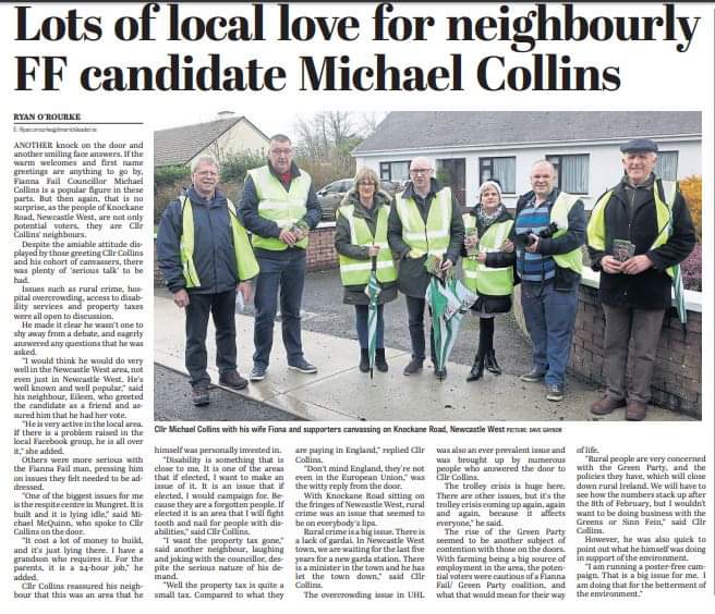 cllrmcollins's tweet photo. ***"LOTS OF LOCAL LOVE FOR NEIGHBOURLY FF CANDIDATE MICHAEL COLLINS*** 
Vote No 1 @cllrmcollins
Hardworking, straight-talking, delivers
#Michael4theDáil #Posterfreecampaign #Limerick 
Be sure to pick up a copy of this weeks @Limerick_Leaderread to read about it! https://t.co/eWbjKs9Qmz