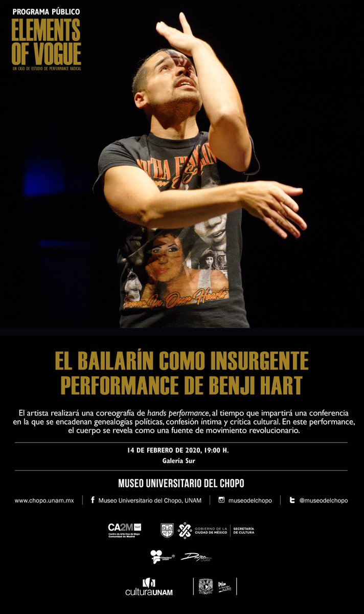 museodelchopo's tweet photo. El viernes 14 de febrero acompáñanos en la presentación del performance:
El Bailarín como Insurgente,
del artista y educador originario de  Amherst, Massachusetts, #BenjiHart @radfagg

Parte del Programa Público de la exposición #ElementsofVogueMX

Galería Sur
19h.

#EntradaLibre https://t.co/V3WfGJcrap