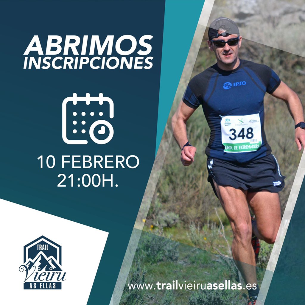 ¡Hola corremontes! 👋🏃‍♀️🏃‍♂️
•
🔶 Recordad el 10 de febrero a las 21:00h.
•
⚠️ Precio super reducido solo 48h ⚠️
•
➡️ trailvieiruasellas.es ⬅️
•
•
•
#TrailVieiruAsEllas

<a href="/AlimentosdeExtr/">AlimentosExtremadura</a> <a href="/FJyD/">Fundación Jóvenes y Deporte 🅵🅹🆈🅳 💚🤍🖤</a> <a href="/Junta_Ex/">Junta de Extremadura</a> @DXTextremadura