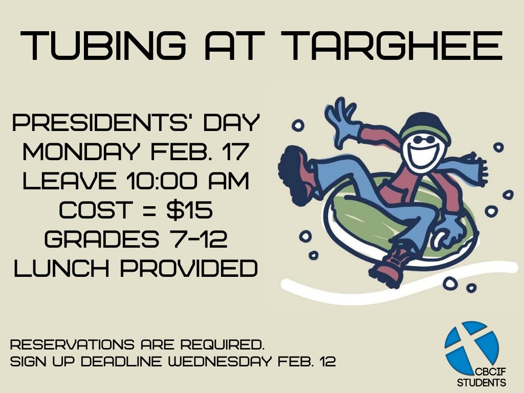 CBCIFstudents's tweet photo. Tubing at Targhee // Mon. Feb. 17 // 10:00 am // $15 #CBCIFstudents https://t.co/1zdH9VTmfp