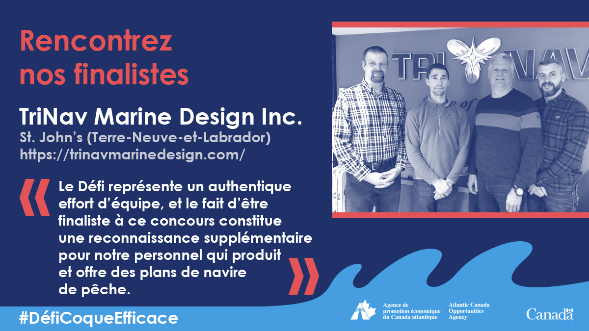 APECACanada's tweet image. SVAM –  Félicitations à TriNav Marine Design Inc. ! Ils sont l'un des 3️⃣ finalistes dans le #DéfiCoqueEfficace pour concevoir une coque plus écoénergétique pour les 🛥️🛥️🛥️ de pêche. Lire la suite ici: ow.ly/yD3t50yfBGz #CroissancePropre
@impact_innovFR @CNRC_NRC