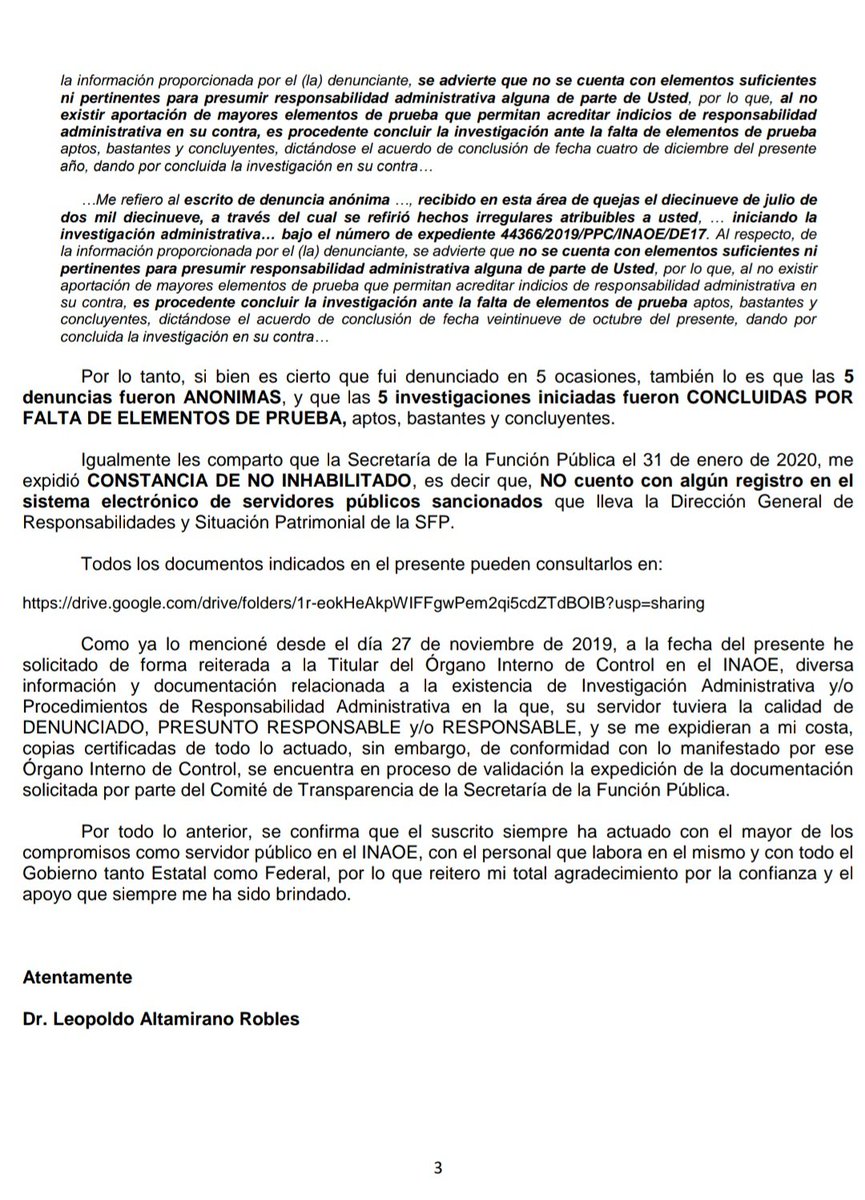 DrAltamiranoR's tweet photo. - COMUNICADO - 

En Septiembre pasado renuncié a la DG de @inaoe_mx debido a denuncias en mi contra.

La @SFP_mx me informó que dichas denuncias ANÓNIMAS, fueron concluidas por ausencia de elementos. Los denunciantes no presentaron evidencia que sustentara sus acusaciones. https://t.co/gVAqOT0rSp