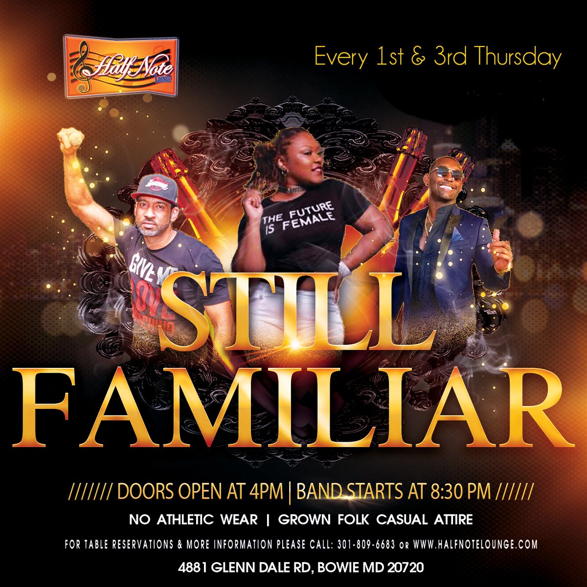 HalfNoteLounge's tweet image. Still Familiar!  

Tonight!!! Only at the Half Note Lounge!  

Doors open at 4pm, band starts at 8:30pm. 

#StillFamiliar #ThirstyThursday