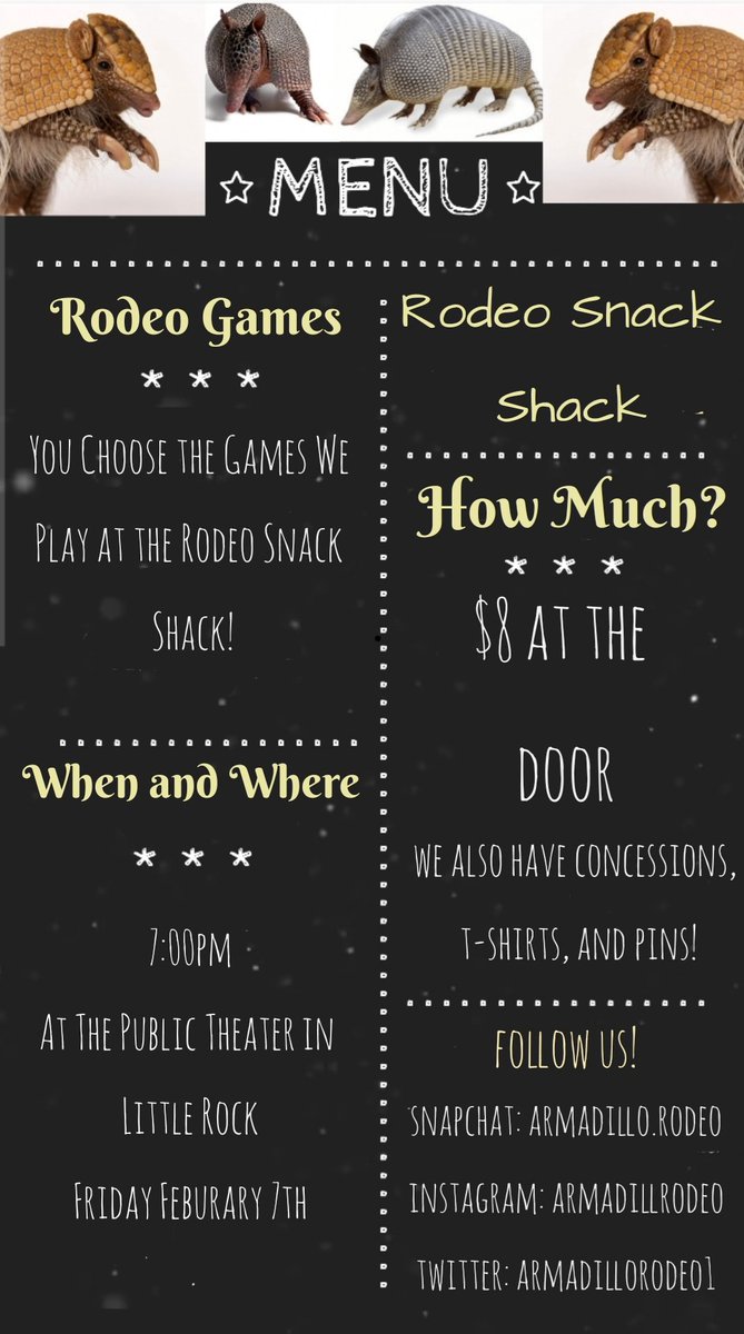 ArmadilloRodeo1's tweet photo. RODEO SNACK SHACK TOMORROW THE 7TH! WE ARE AT YOUR COMMAND! MAKE US YOUR MEAL YOU FOOLS! https://t.co/PbRwfw1kqS
