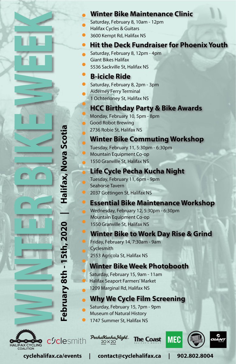 Halifax Cycling (@ibikehfx) on Twitter photo There are tons of fun events happening for WINTER BIKE WEEK from Feb 8-15! Check out the full schedule on our website: cyclehalifax.ca/civi/event/inf…
<a href="/CyclesmithHfx/">Cyclesmith</a> <a href="/GiantHalifax/">Giant Halifax</a> <a href="/PechaKuchaHFX/">PechaKucha Night HFX</a> <a href="/HalifaxCycles/">Halifax Cycles</a> <a href="/hfxgov/">hfxgov</a> <a href="/theseahorse/">The Seahorse Tavern</a> <a href="/mec/">MEC</a> <a href="/EcologyAction/">Ecology Action Centre (EAC)</a> <a href="/Breakhouse/">Breakhouse</a> <a href="/TwitCoast/">The Coast - Halifax/Kjipuktuk</a> <a href="/NS_MNH/">Museum MNH</a> There are tons of fun events happening for WINTER BIKE WEEK from Feb 8-15! Check out the full schedule on our website: cyclehalifax.ca/civi/event/inf…
<a href="/CyclesmithHfx/">Cyclesmith</a> <a href="/GiantHalifax/">Giant Halifax</a> <a href="/PechaKuchaHFX/">PechaKucha Night HFX</a> <a href="/HalifaxCycles/">Halifax Cycles</a> <a href="/hfxgov/">hfxgov</a> <a href="/theseahorse/">The Seahorse Tavern</a> <a href="/mec/">MEC</a> <a href="/EcologyAction/">Ecology Action Centre (EAC)</a> <a href="/Breakhouse/">Breakhouse</a> <a href="/TwitCoast/">The Coast - Halifax/Kjipuktuk</a> <a href="/NS_MNH/">Museum MNH</a>