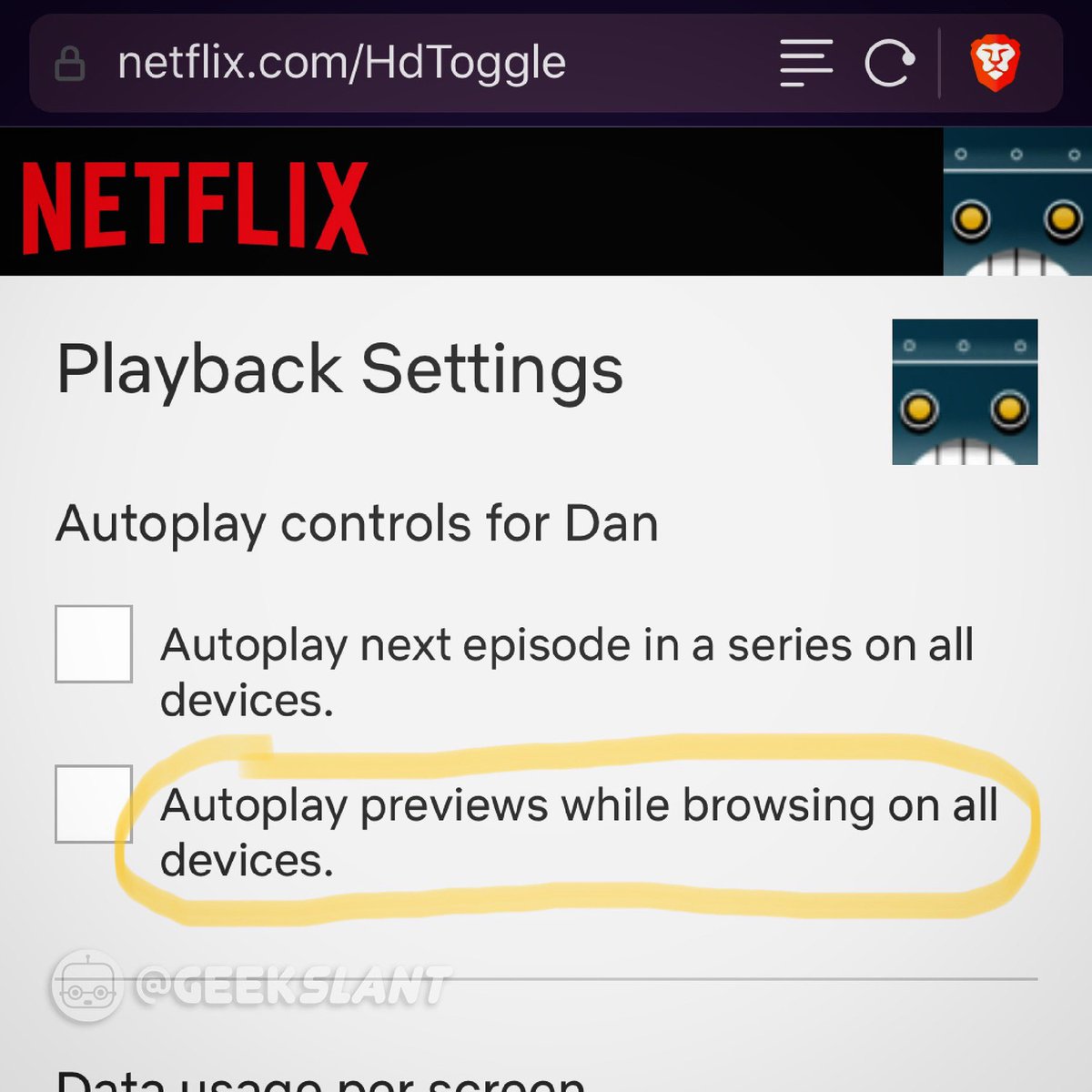 GeekSlant's tweet image. FINALLY!

@netflix lets you turn off those annoying autoplay previews!!! 

You can only see the setting on their website.