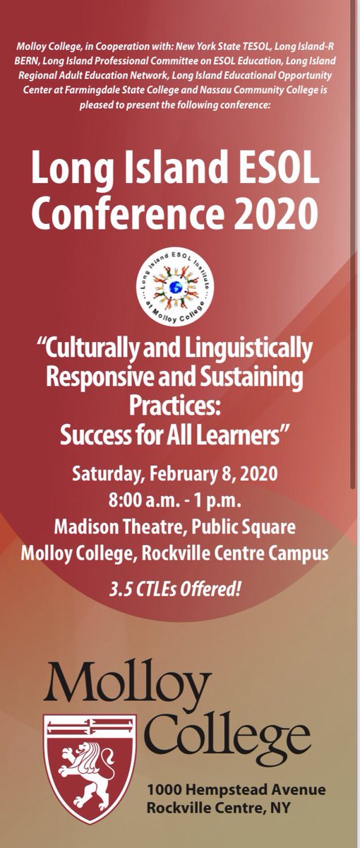 KelleyCordeiro's tweet photo. Looking forward to another great #LIESOL Conference @MolloyCollege with Long Island ESOLers! Did you pre-register? My workshop on the importance of academic discussion is filled to capacity! I hope to see you there! @LIRBERN @NYSTESOL #ELLsMLLs #ClassroomDiscussion #ELLsOracy https://t.co/txSCODHzvi