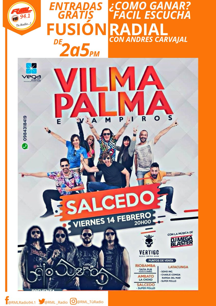 RML_Radio's tweet photo. #EntradasGratis |¿Quieres participar en el sorteo de entradas gratis para el concierto de Vilma Palma y Bajo Sueños?, fácil sintoniza RML 94. Fusión Radial bajo la conducción de Andrés Carvajal de 2 a 5 de la tarde.
SINTONIZANOS YA!!!!!!
#RML_Informa
#LatacungaViveElBicentenario https://t.co/fvkhRtuxIn