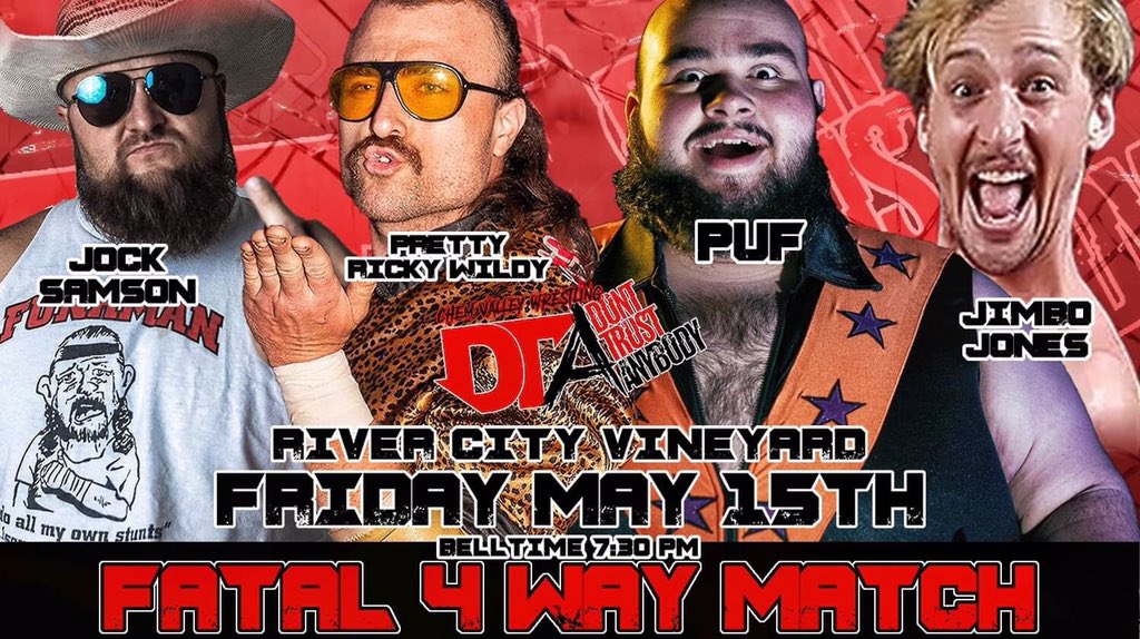 🚨🚨BREAKING NEWS🚨🚨
On Friday May 15TH at Chem Valley Wrestling: Don’t Trust Anybody it will be <a href="/jocksamson/">Big Gene 🐐 #740</a> vs <a href="/ProWilldy/">⭐️Pretty Ricky Willdy⭐️</a> vs <a href="/pufisgod/">puf</a> vs <a href="/jimbojonespw/">jimbojonespw</a> in a Fatal 4 Way Match - Tickets go on sale tomorrow at NOON make sure you secure your Front/Second Row VIP while you can!