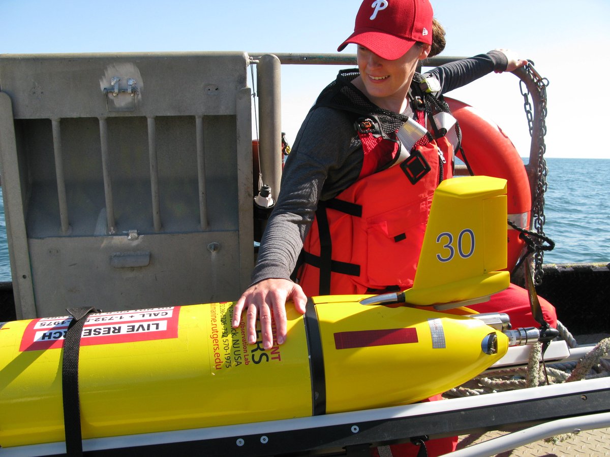 A woman places her hand on a torpedo-shaped glider.
