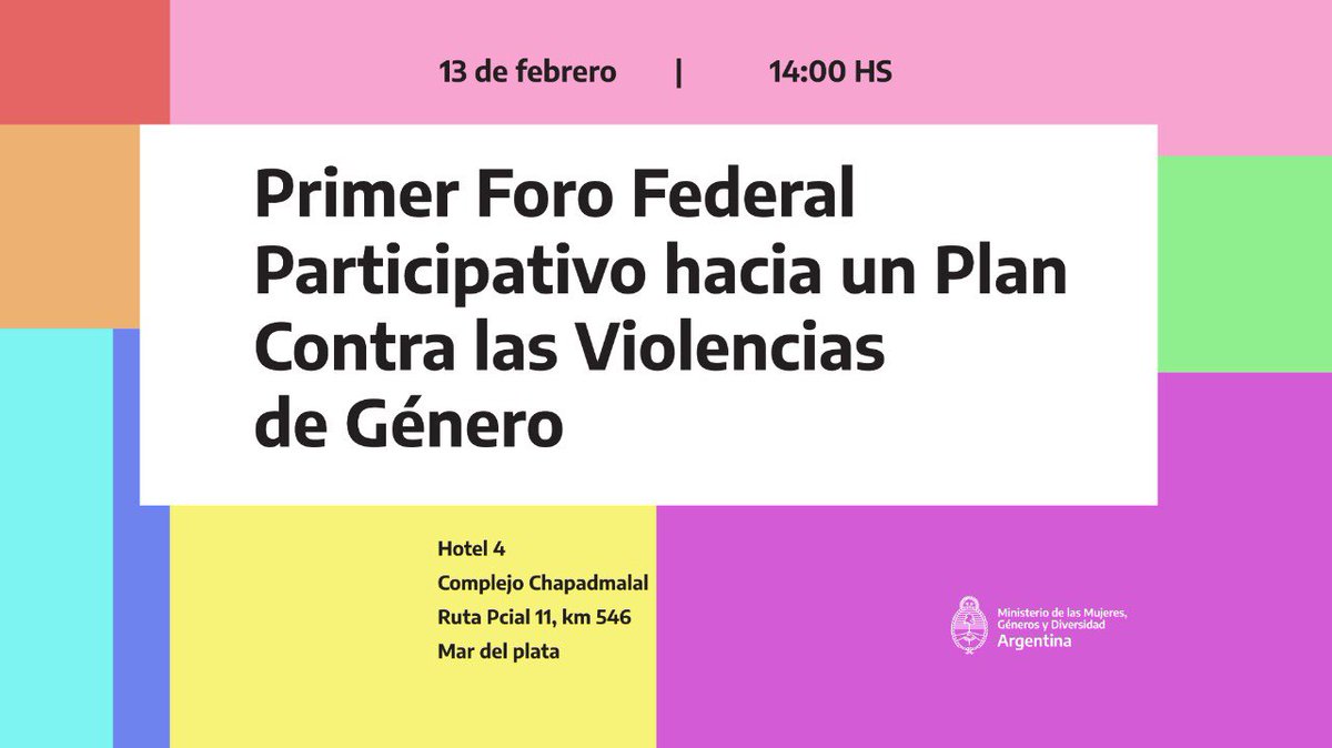 Se viene el Primer Foro Federal Participativo hacia un Plan Contra las Violencias de Género. Sumá tu voz para construir una vida libre de violencias para todas, todos y todes. 👉 Enterate más en argentina.gob.ar/generos/foropa…