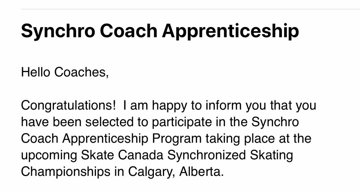 I was very excited to receive this email yesterday! What an honour to be able to head to #YYC for <a href="/SkateCanada/">Skate Canada / Patinage Canada</a> Synchronized Skating Championships to learn and grow as a coach. Thank you <a href="/SkateAB_NWT_NUN/">SkateAB_NWT_NUN</a> for making this opportunity a reality!! ⛸ 🇨🇦