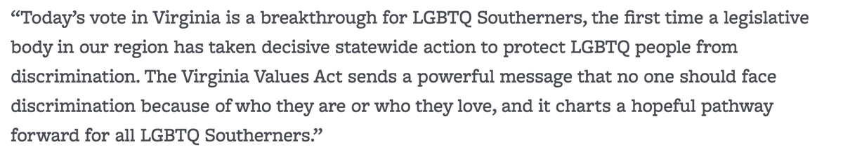 SouthernEqual's tweet image. Today's vote on the #VAValuesAct is BIG: It means that #Virginia is poised to become the FIRST state in the South – and 21st in the country (plus DC) to fully protect #LGBTQ people from discrimination. Our Executive Director's statement: bit.ly/2up24eb