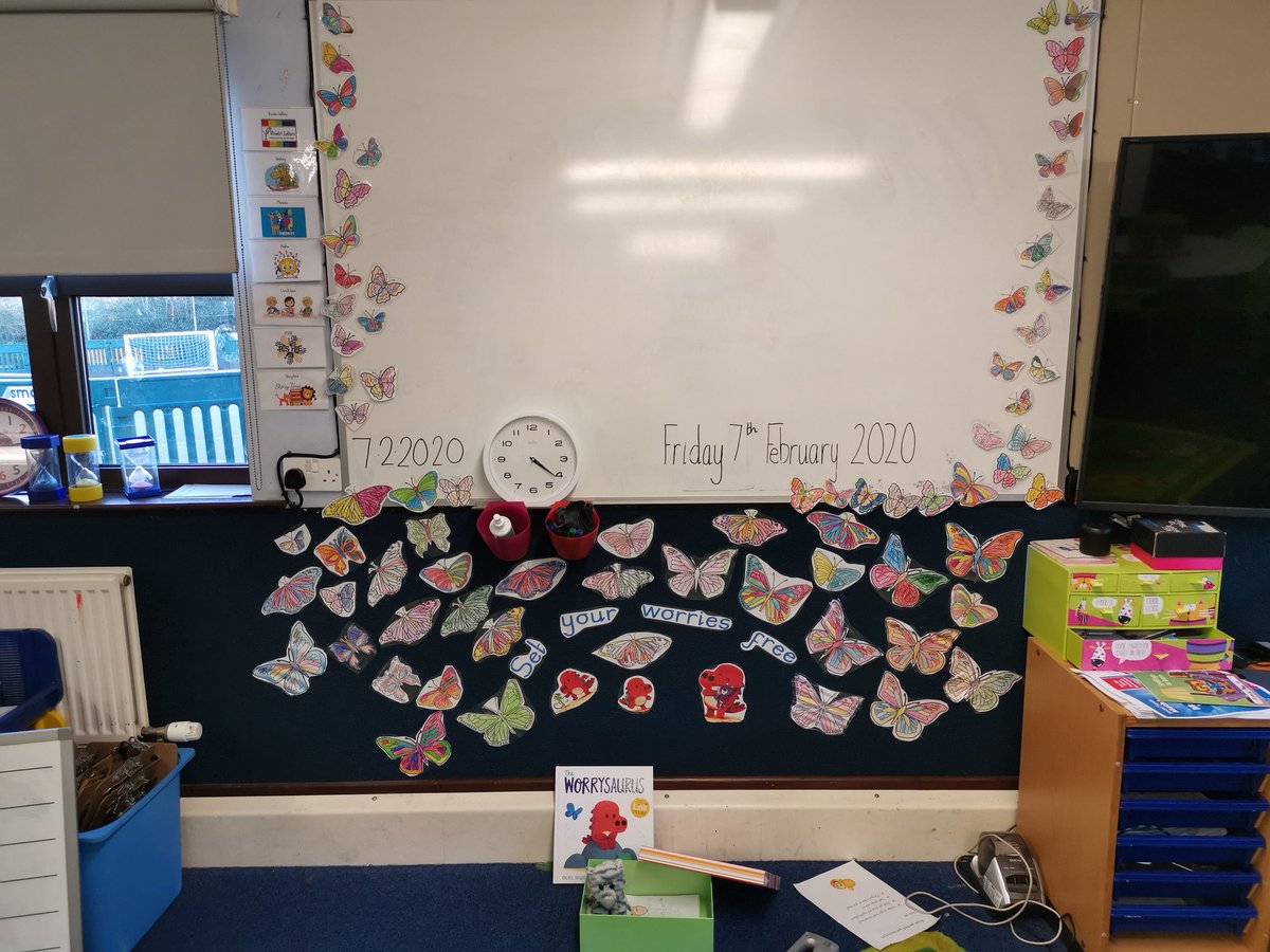 TheNewMrsSLuck's tweet photo. My Y1s & I loved the Worrysaurus book. They asked if we could make a worry box. They drew themselves and everyone wrote nice things about them. They coloured butterflies to show worries flying away. #edutwitter #caringforourselves #childrensmentalhealth #pshe https://t.co/y1pyMi43tx