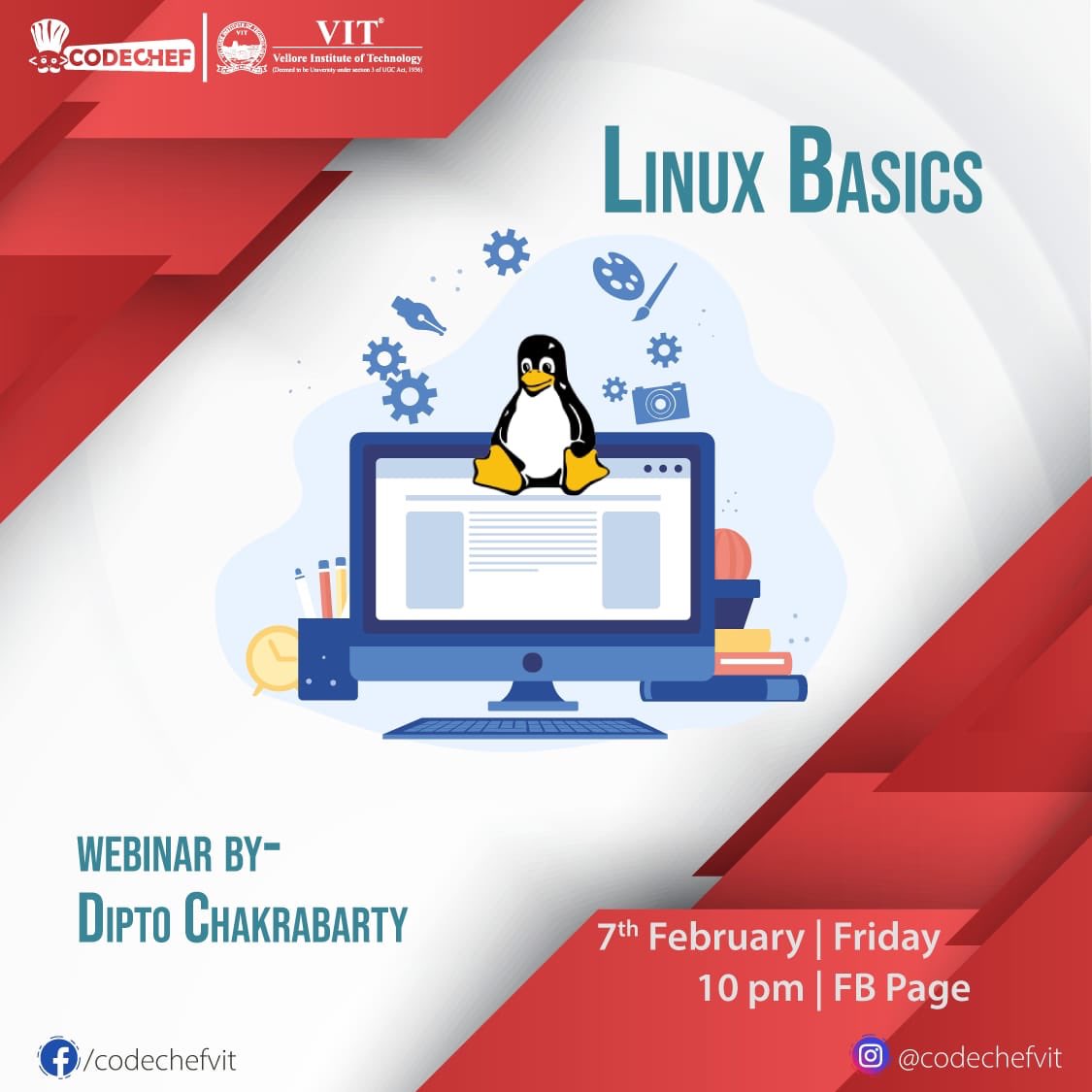 codechefvit's tweet image. Join #CodeChefVIT on our #webinar on @Linux basics, and lay down the building blocks of your knowledge in this wildly popular OS, which is loved by beginners and professionals alike. 

Catch us live on Facebook today, the 7th of February and let the learning begin !

#Linux