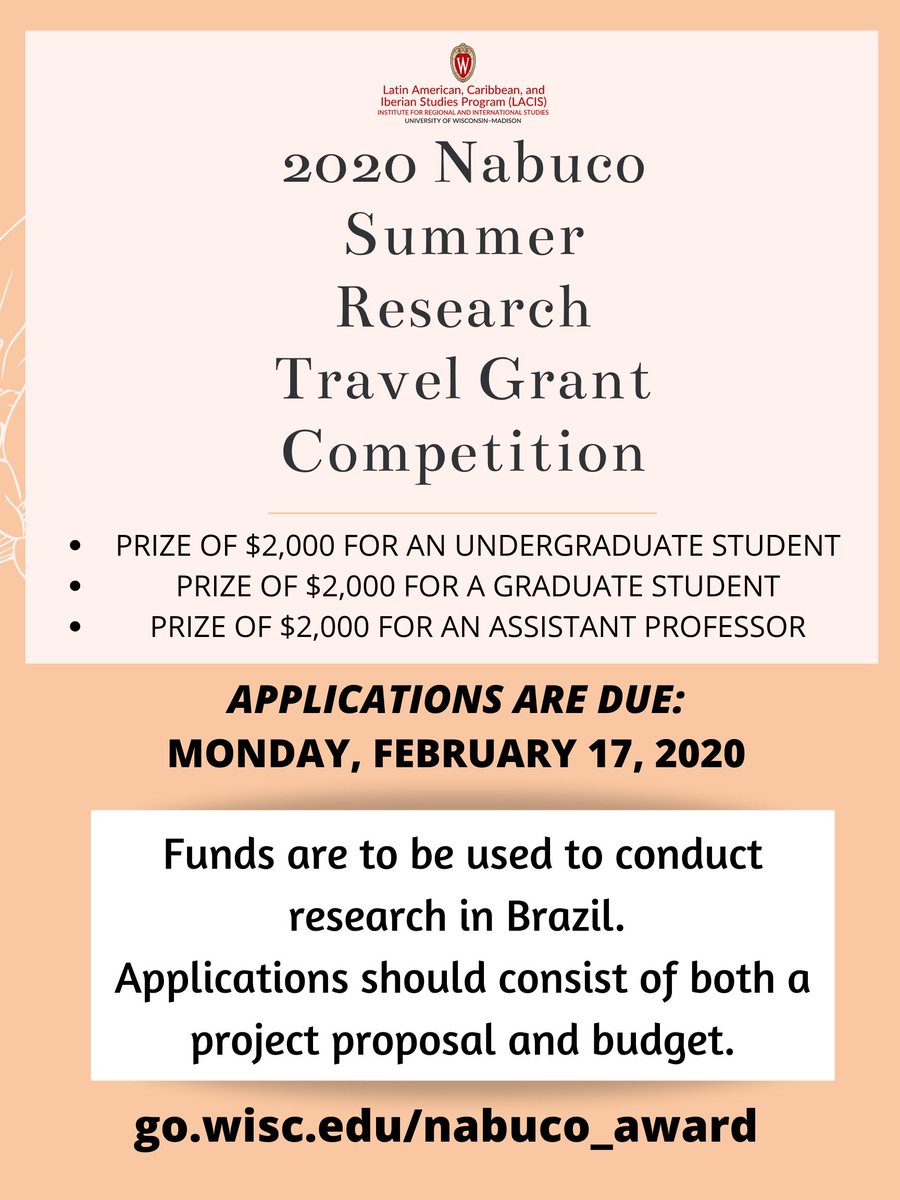uwiris_awards's tweet photo. Are you a @UWMadison undergrad, grad student, or assistant professor looking to conduct research in #Brazil this summer? Apply for the 2020 Joaquim Nabuco Award! Details @ https://t.co/dfbjj6jomM https://t.co/PLahPFz2u7
