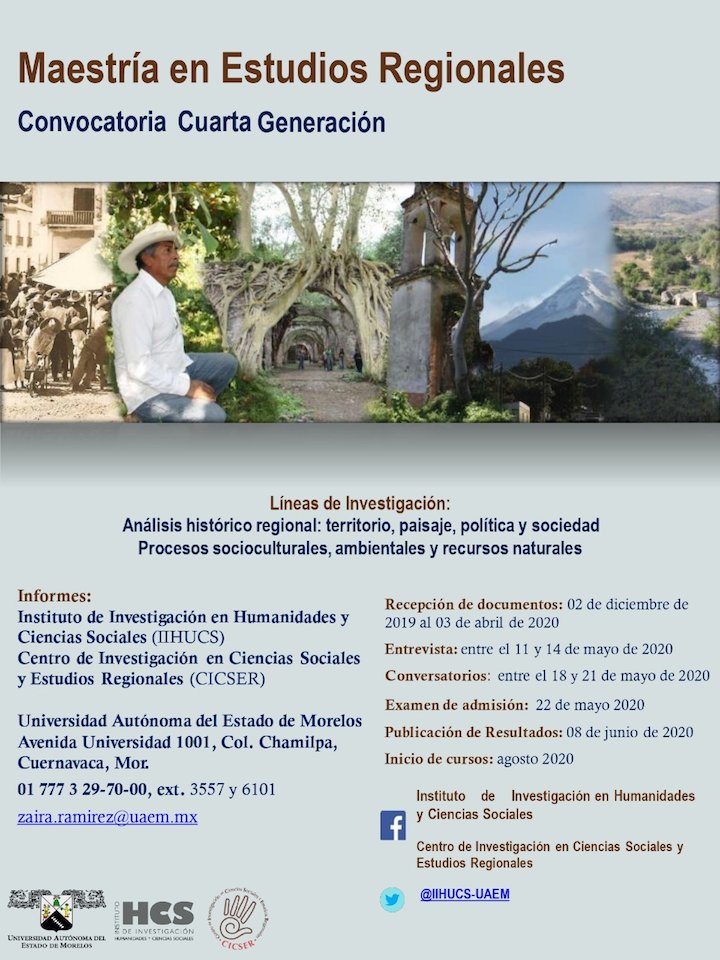 uaemorelos's tweet photo. El Instituto de Investigación en Humanidades y Ciencias Sociales #IIHCS por medio del Centro de Investigación en Ciencias Sociales y Estudios Regionales #CICSER #UAEM convoca a su Maestría en Estudios Regionales! https://t.co/FDqJlfDgXZ
