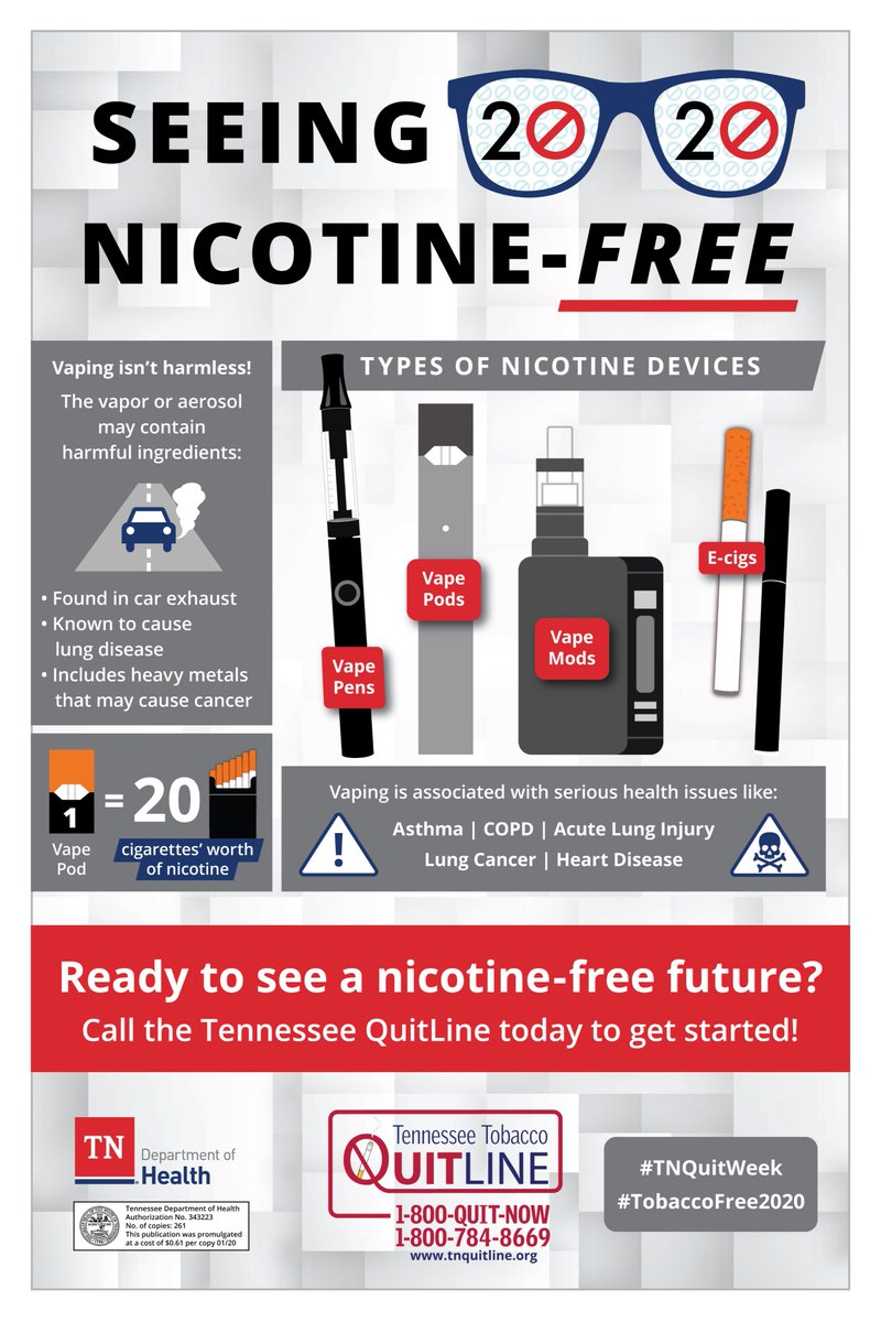 ShelbyTNHealth's tweet photo. Almost all e-cigarettes contain nicotine—including many that claim they're nicotine-free. Nicotine is addictive and can have negative health impacts on things like brain development and the flow of blood and oxygen. Call 1-800-QUIT-NOW for free resources to quit. #TNQuitWeek https://t.co/fqdRpFra6k