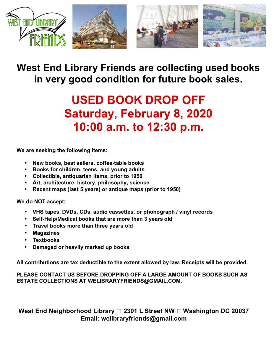 WestEndFriends's tweet photo. Time to pare down your book collection?  We’ve got your back! Pack up your used books in good condition and donate them to the West End Library Friends this Saturday, February 8, from 10 am to 12:30 pm at 2301 L St NW. https://t.co/M3vDW6iBQM