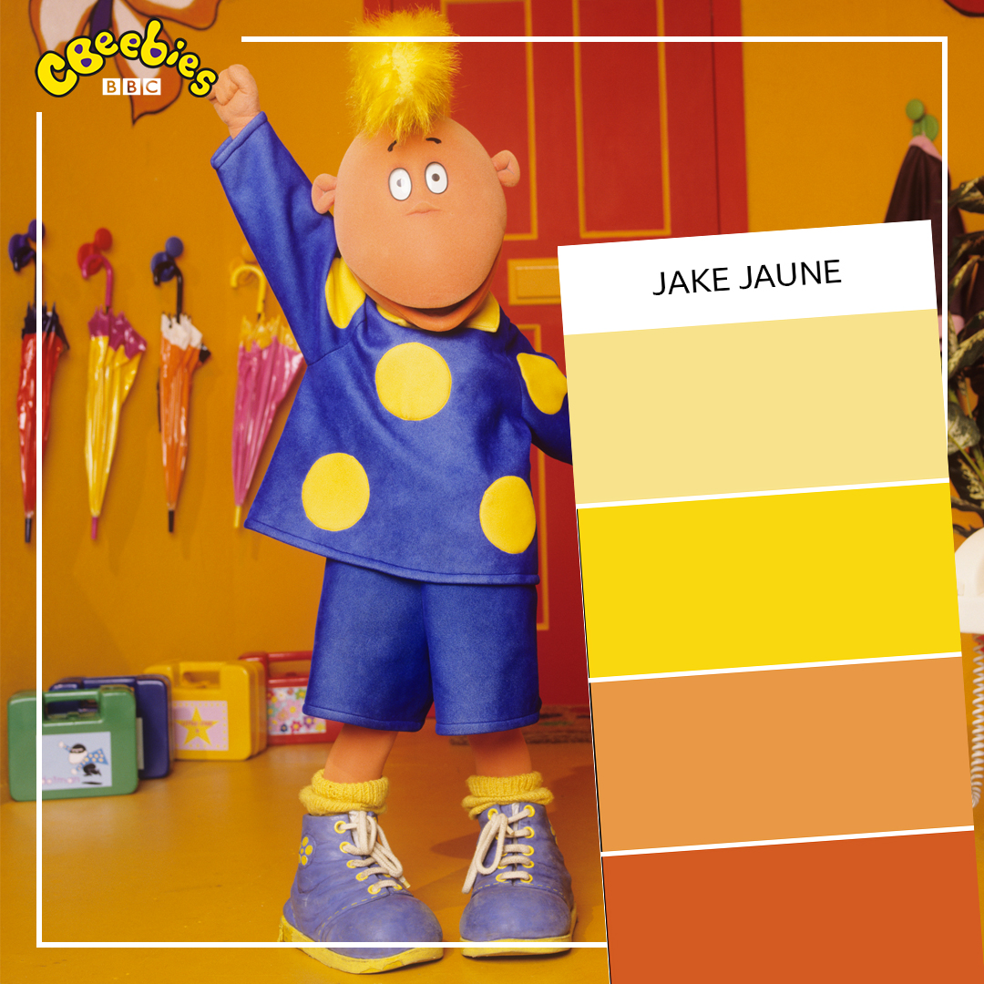 jake from the tweenies with a pantone chart of colours