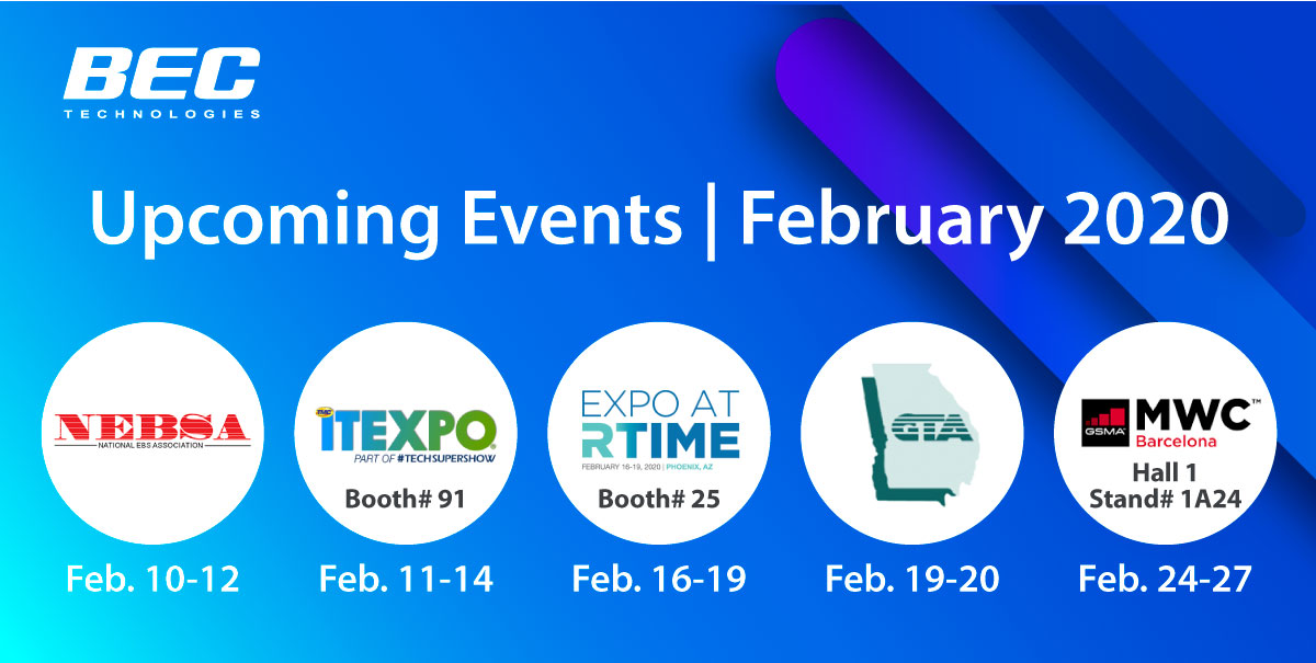BECTechnologies's tweet photo. https://t.co/ngLN2ln2Rw
Heads Up On Upcoming Events in February
02/10-12• #NEBSA 2020 Annual Conference
02/11-14• #ITEXPO 2020
02/16-19• #NTCA 2020 #RTIME
02/19-20• #GTA 23rd Annual Vendor Showcase
02/24-27• #MWC Barcelona
#events #telecommunication #cbrs #5g #MWC20 https://t.co/6YESQd8qVd