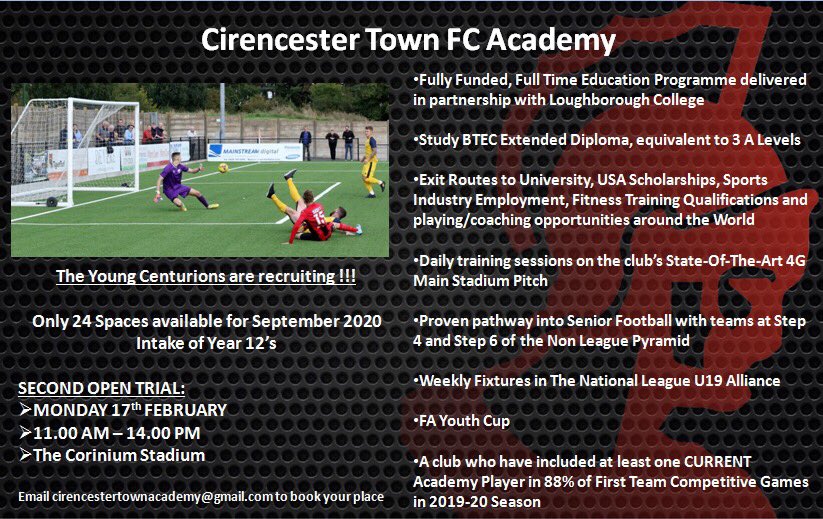 TRIAL INFO |

Our next Open Trial details have been confirmed for our Football &amp; Education Academy:

🗓 Monday 17th February
🕚 11.00 - 14.00
📍 The Corinium Stadium

To book a place, please email CirencesterTownAcademy@gmail.com with the following:
- Name
- Position
- Club

🔴⚫️