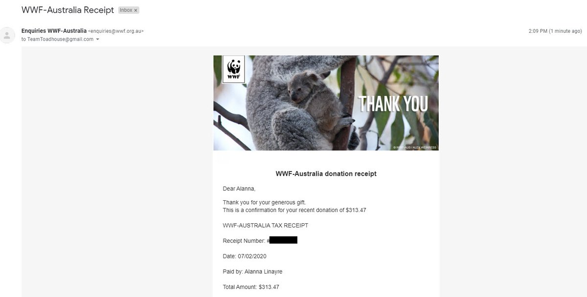 TeamToadhouse's tweet image. Thank you so much everyone who donated to our fundraiser for @WWF_Australia - We just donated $313.47! 

I appreciate everyone who donated their hard earned money &amp;amp; time, spread the message, and supported our cause! Thank you! #ToadsSupportToads (And Koalas!)