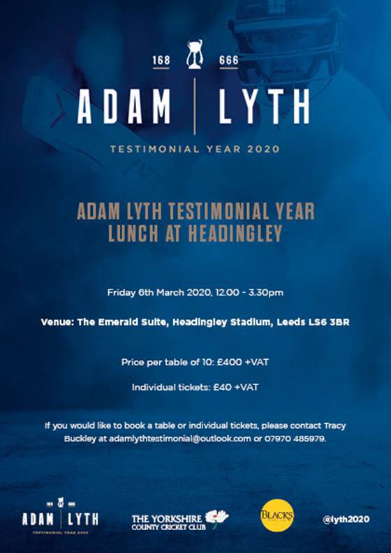 CAllenBlacks's tweet photo. Cricket fans!!
The first event of the @Lyth2020 testimonial year is on 6 March 2020 at Headingley Stadium. #LunchIsServed 
Tables of 10 or individual tickets available. Thanks
@YorkshireCCC @Yorkshire_Legal @JamieRaynor @LawBlacks @GaleyLad @SagarsLtd @YPSport RT pls https://t.co/7PFSshCHnE