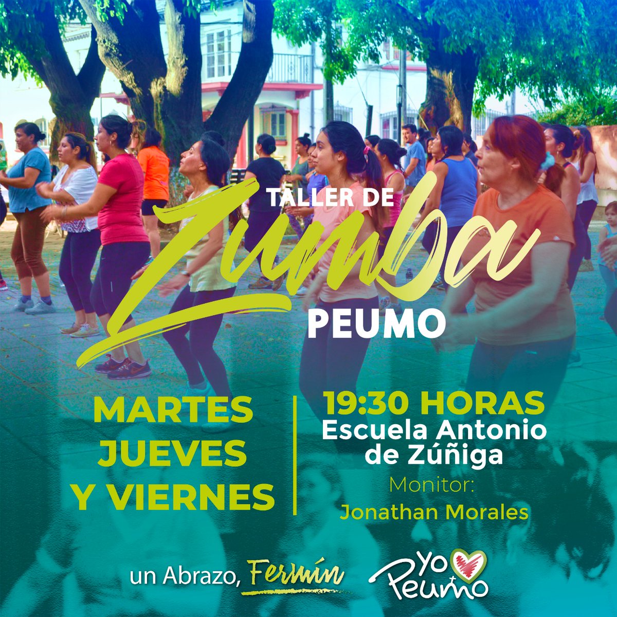 VEN Y MUÉVETE CON ZUMBA EN PEUMO

Te invitamos a disfrutar de las clases de Zumba que se realizan en Peumo

Martes, Jueves y Viernes, desde las 19:30 horas, en la Escuela Antonio de Zúñiga.

No te quedes fuera de estas grandes jornadas recreativas, en nuestra comuna.
