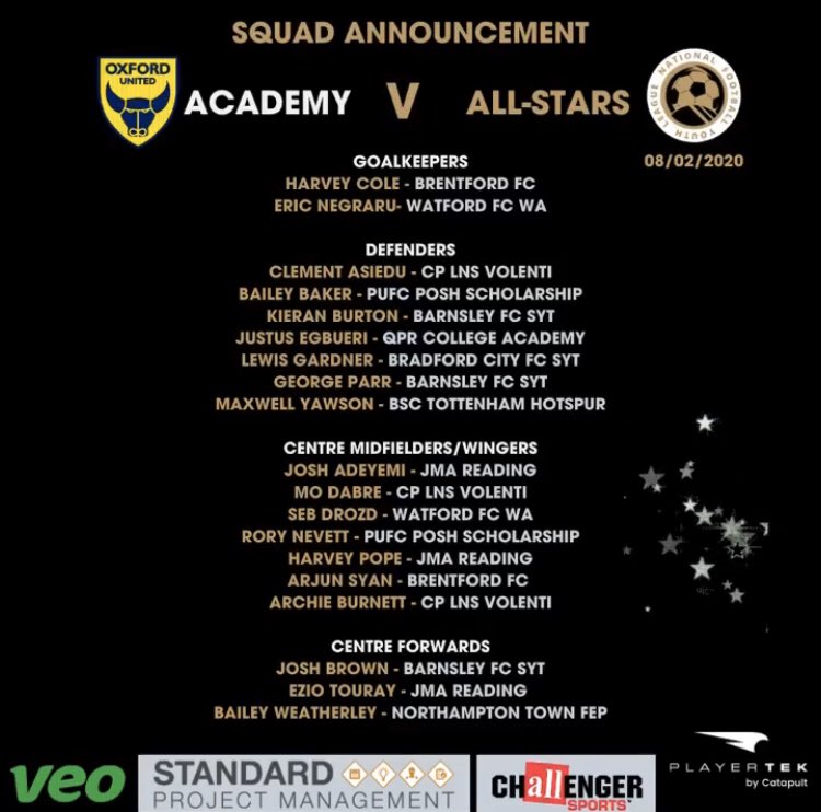 Congratulations to our boys who have been selected for the @NFYLU19 Allstars squad to face @AcademyOUFC on Saturday! A great opportunity for Archie, Clement and Mo! #hardworkpaysoff @VolentiAcademy @bobbybowry8 @londonnautical