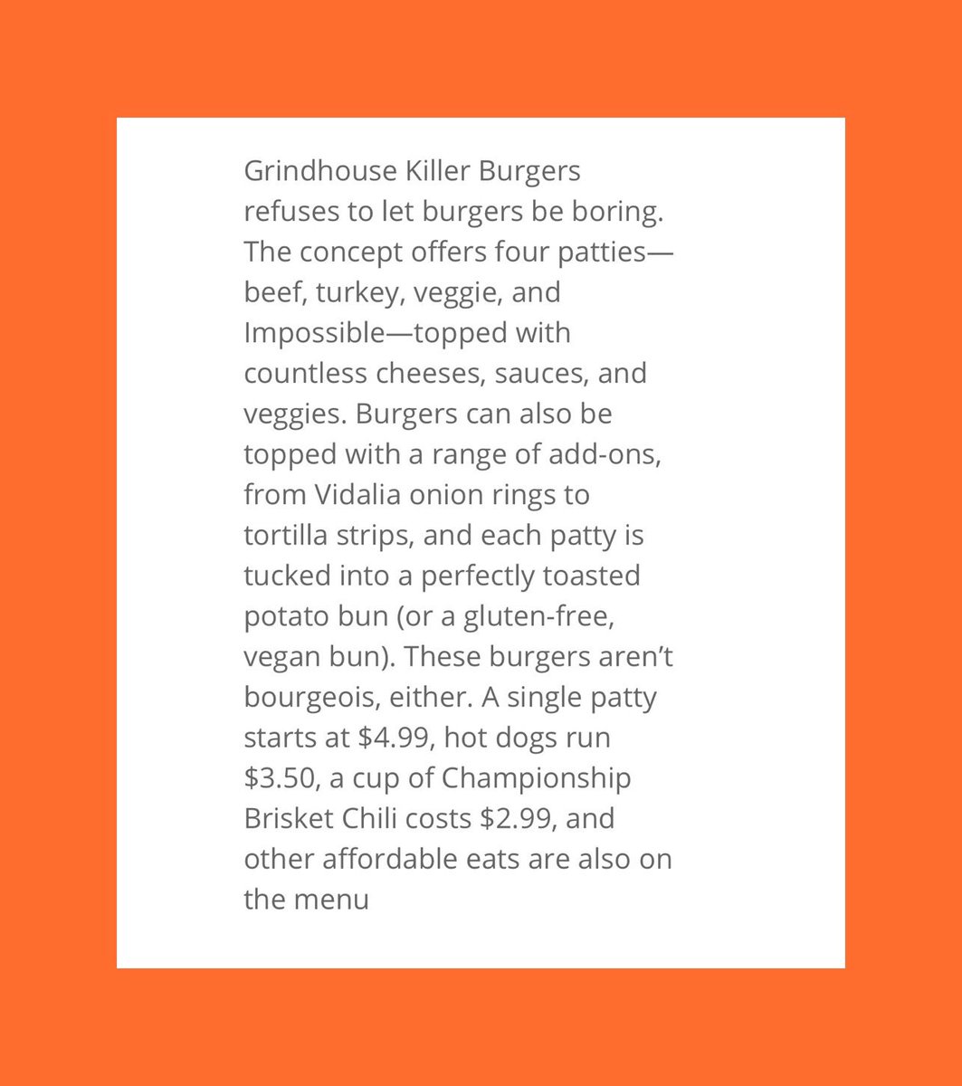 GrindhouseATL's tweet photo. “Grindhouse Killer Burgers refuses to let burgers be boring.”
@QSRmagazine’s annual 40/40 list just dropped. Honored to be recognized & pleased #QSR4040 had no trouble summing up what we’re all about! 😎🍔🏆
https://t.co/tfO4Oo5Hx7
#QSRmagazine #QSRmag #AnythingButBoring https://t.co/KJ8JD8Cxo3