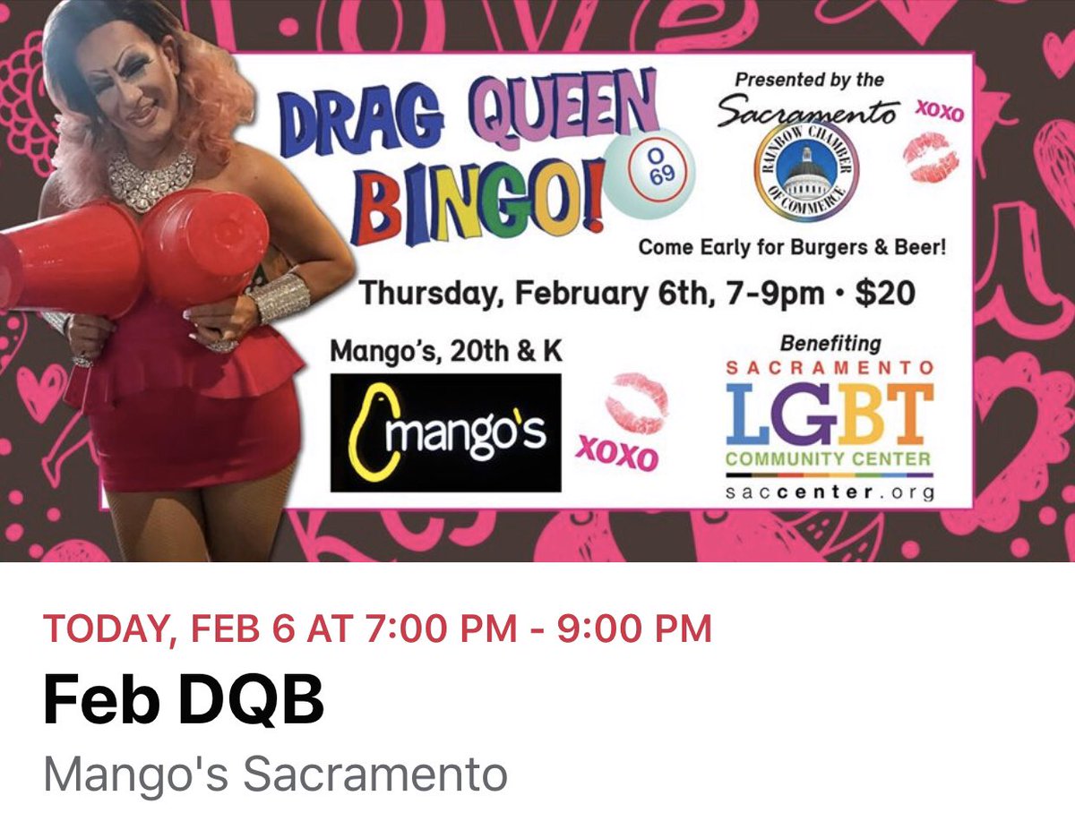 Are you into Bingo?  Enjoy supporting @TheSacramentoLGBT the benefit nonprofit TONIGHT 7pm <a href="/mangossac/">Mango's Sacramento</a> Drag Queen Bingo

A #Sacramento #Community win win!  Bingo!

<a href="/SacRCFoundation/">SacRCFoundation</a> <a href="/SacRCC/">Sac Rainbow Chamber</a>