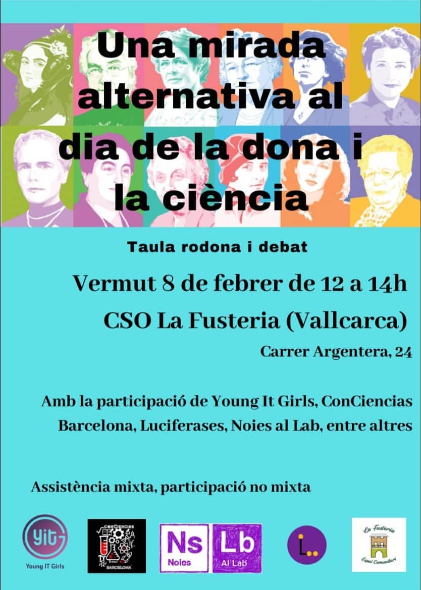 NoiesLab's tweet photo. ¿Qué haces este fin de semana?

Este sábado estaremos en @LaFusteriaVKK debatiendo sobre el día de la Mujer y la Ciencia con una mirada alternativa, junto con @lesluciferases , @ConCienciasBcn y @youngitgirls. 

¡Te esperamos! https://t.co/7gwtDU1ZQL