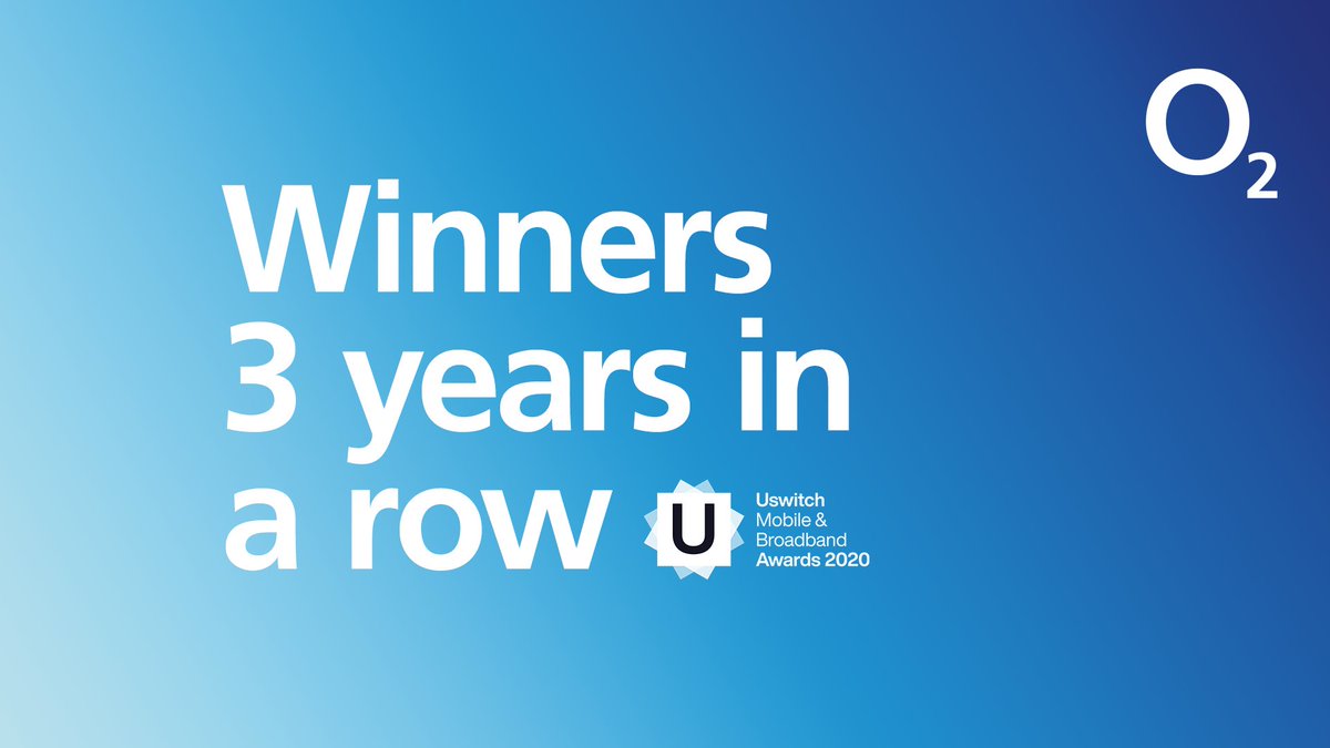 O2's tweet image. It's a hat-trick! Proud to announce that we've won 'Best Network for Coverage' for the third year in a row, as voted for by you 🥳

We're continuing to invest over £2m per day to make our network better, faster &amp;amp; more reliable than ever in 2020💪 

#UswitchAwards