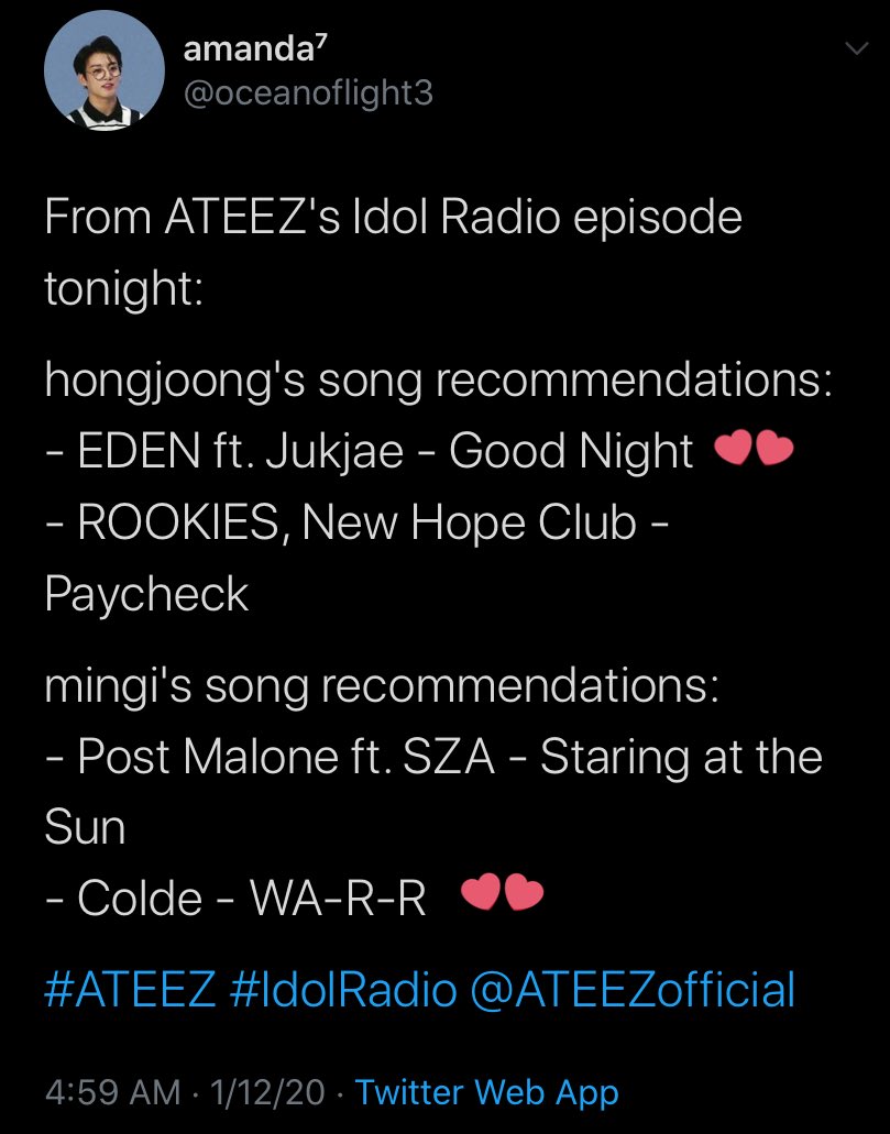 Hongjoong recommended Eden’s Good Night and Mingi recommended Colde’s Wa-r-r (again lmao)