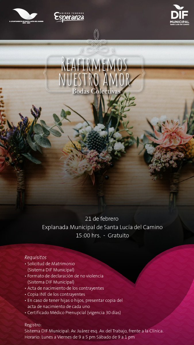 SantaLuciaDIF's tweet photo. No se queden con las ganas, dense el sí en las #BodasColectivas 💍Viernes 21 de febrero, 15 hrs. Explanada Municipal de Santa Lucía del Camino. Regístrate gratuitamente en el DIF Municipal. Av del Trabajo esq. Av Juárez. Atención lunes a viernes de 9 a 17 hrs. https://t.co/hQ44keTWD3