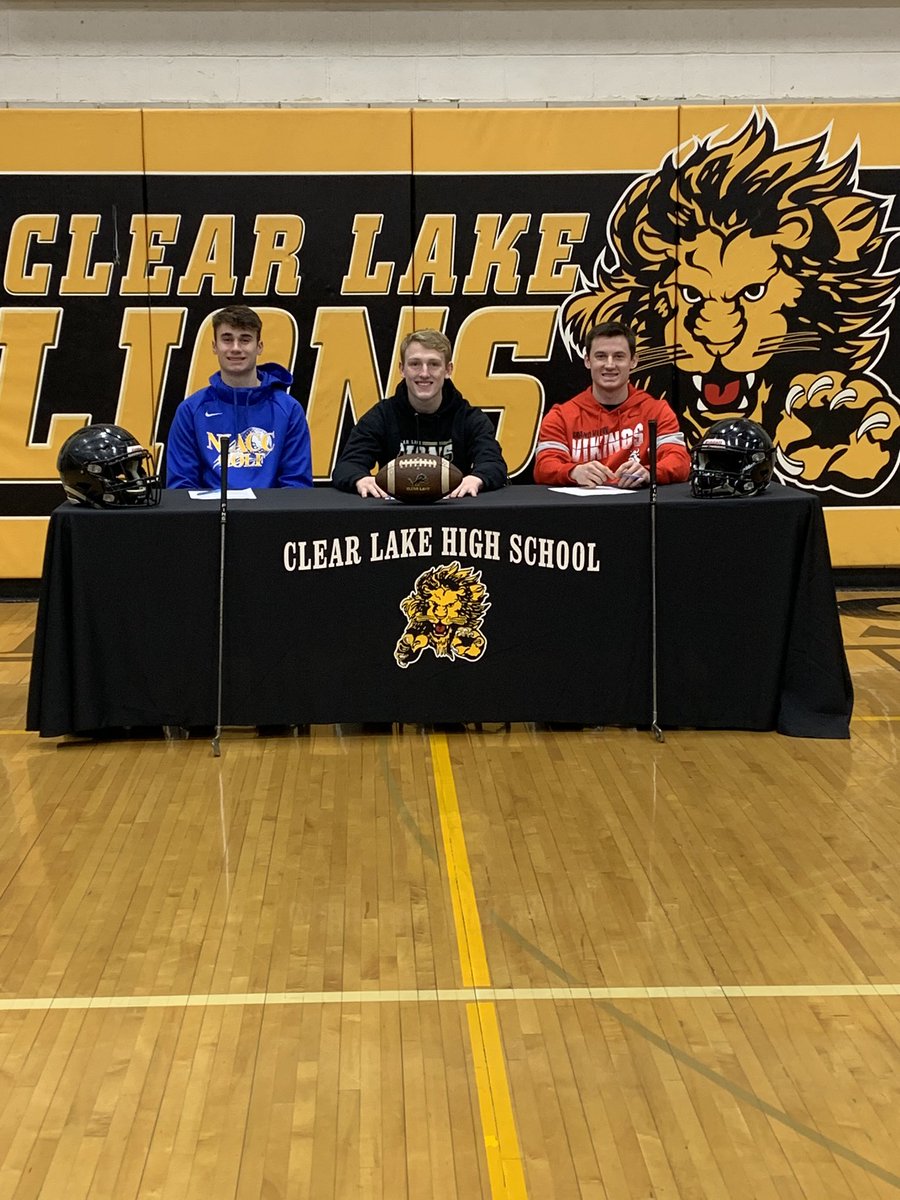 ClearLakeFB's tweet photo. Congrats to these Lions on signing National Letter of Intents to continue their academic &amp; athletic careers at the next level! @jacksonbarragy to @NiaccGolf @NickDanielson_ to @GVVikingFB &amp; @ausinlarson41 to @WUWarriorFB! All are getting high quality young MEN &amp; athletes! 🦁💛🖤 https://t.co/eJJ5aMHbkF